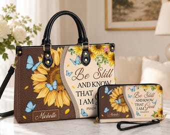 Bolso de cuero personalizado con nombre, regalo cristiano, regalos para mujeres, bolso "Quédate quieto y conoce a Dios", diseño de girasol y mariposa