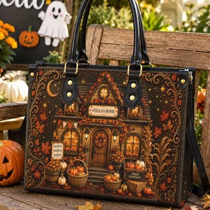 May include: A black handbag featuring a printed illustration of a house with autumn foliage, pumpkins, and a sign reading Stella's Home. The bag has two black handles, gold-tone hardware, and a rectangular structure with a detailed fall-themed scene.