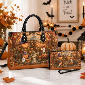 Personalized Pumpkin Patch Leather Handbag, Custom Halloween Pumpkin Village Bag,Autumn Harvest Leather Bag, Fall Cottagecore Gift for Women