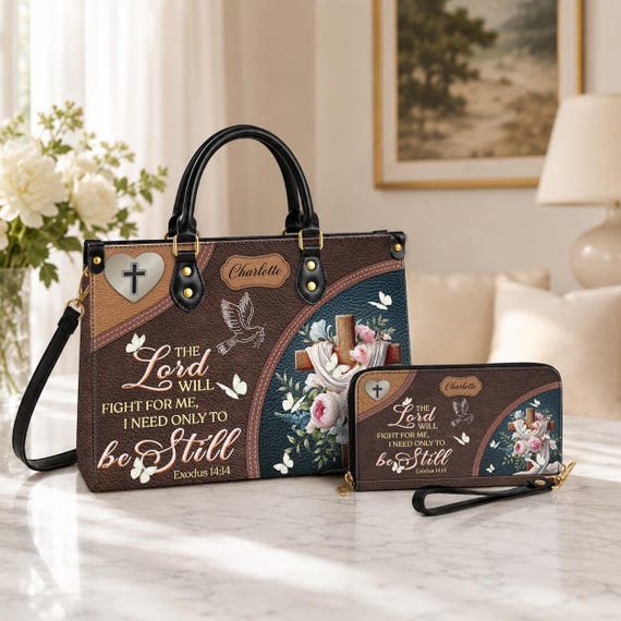 Personalized Christian Tote Bag, Custom Name Scripture Handbag, Exodus 14:14 Faux Leather Satchel, Religious Gift for Mom, Faith Bag