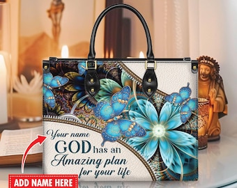Personalized Leather Handbag Custom Name, Christian Gift, Gifts for Women, Amazing Plan for Your Life Bag, Butterfly & Flower Design