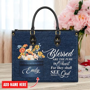 Personalized Leather Handbag Custom Name, Christian Gift, Gifts for Women, Blessed Are The Pure In Heart Floral Design