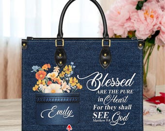 Personalized Leather Handbag Custom Name, Christian Gift, Gifts for Women, Blessed Are The Pure In Heart Floral Design