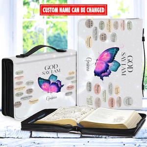 Personalized Bible Cover Custom Name, Christian Mother’s Day Gift, Leather Bible Case, God Say I Am, Butterfly Faith Bag