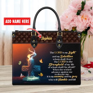 Personalized Leather Handbag Custom Name, Christian Gift, Gifts for Women, The Lord is My Light Cross & Flame Design