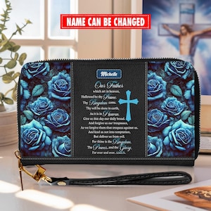 Cartera cristiana de cuero personalizada para mujer con nombre personalizado, oración del Padre Nuestro, rosa azul, regalo de fe para mujer negra.