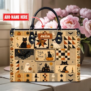 Borsa in pelle patchwork personalizzata per Halloween, borsa in pelle con nome personalizzato a tema gatto fantasma, borsa trapuntata per dolcetto o scherzetto, regalo autunnale spettrale per donne