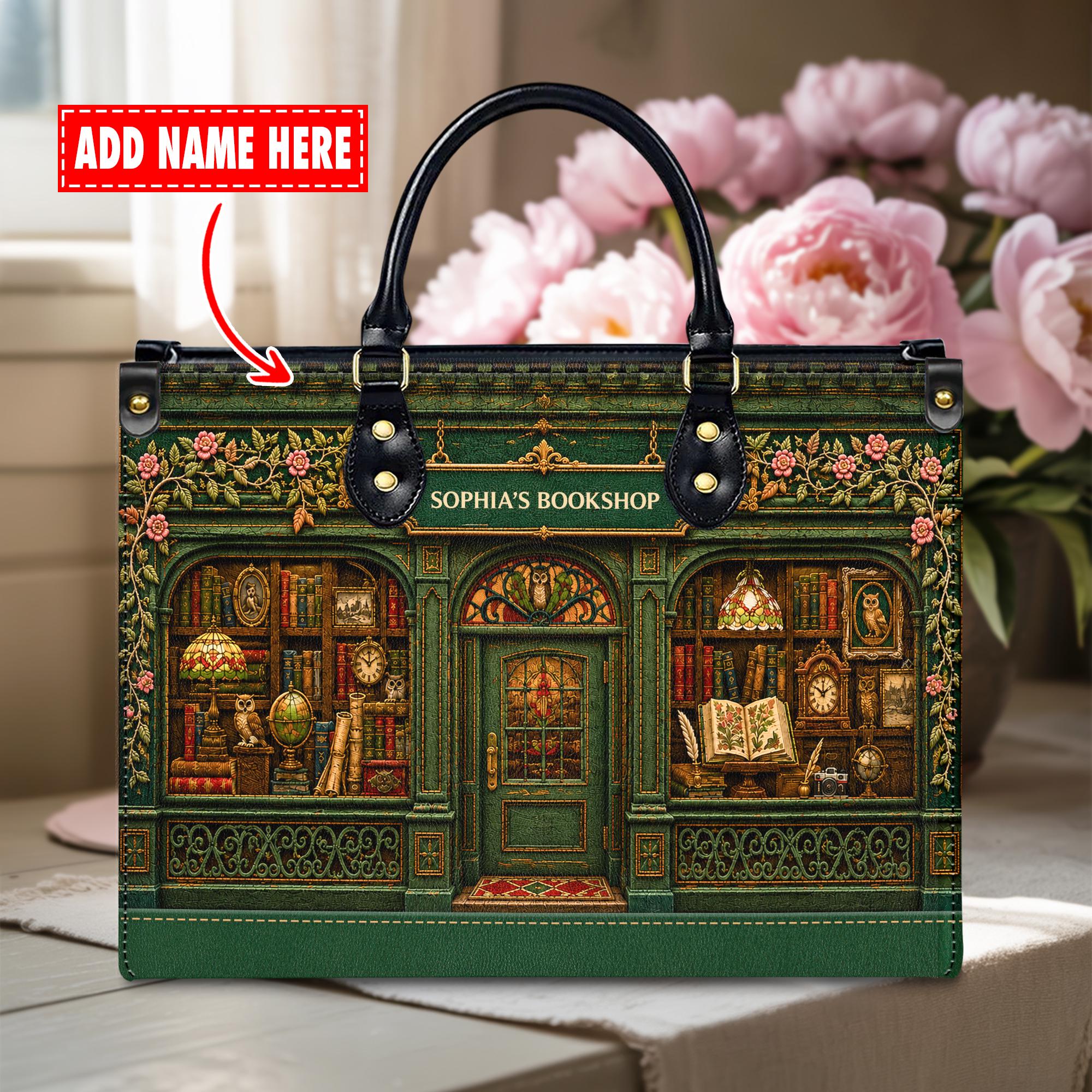 Personalized Owl Bookshop Leather Handbag, Custom Name Green Bookstore Purse, Vintage Floral Library