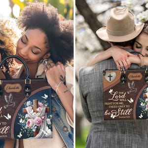 Split image showing the personalized handbag as a heartfelt gift. On the left, two smiling friends embrace with the bag. On the right, a woman hugs her partner, holding the bag. Perfect as a Christian gift for a best friend, wife, or mom.