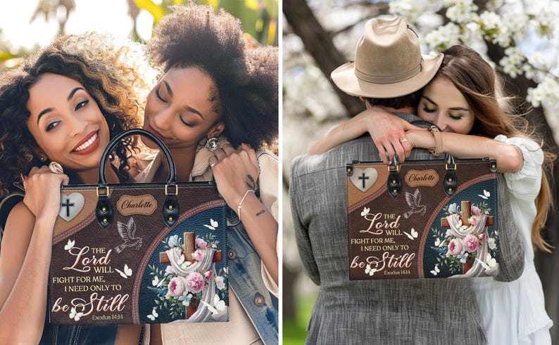 Split image showing the personalized handbag as a heartfelt gift. On the left, two smiling friends embrace with the bag. On the right, a woman hugs her partner, holding the bag. Perfect as a Christian gift for a best friend, wife, or mom.