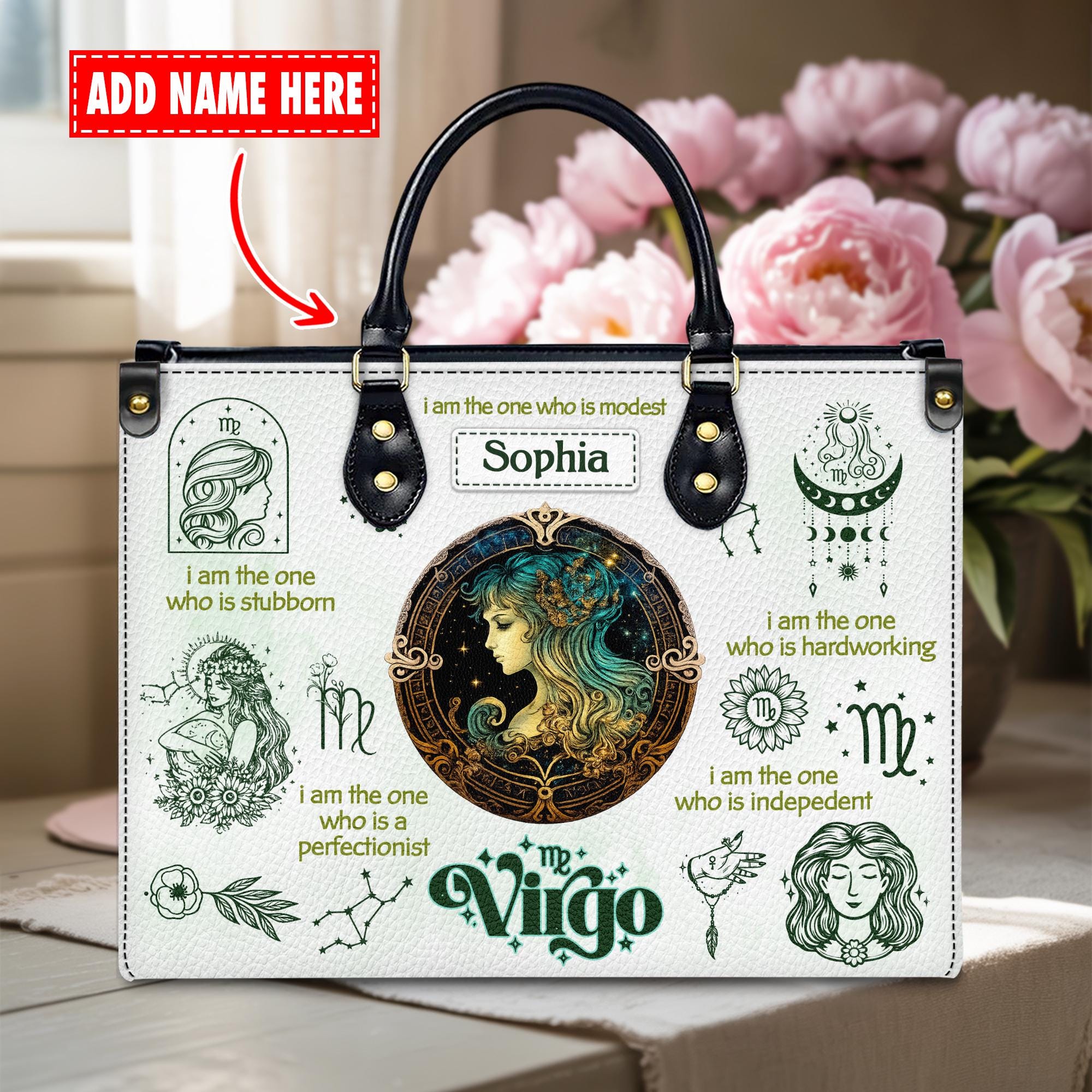 Personalized Virgo Leather Handbag, Zodiac Astrology Bag With