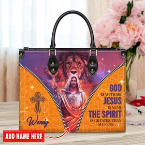 Personalized Leather Handbag Custom Name, Christian Gift, Gifts for Women, Jesus is Near Lion & Cross Design