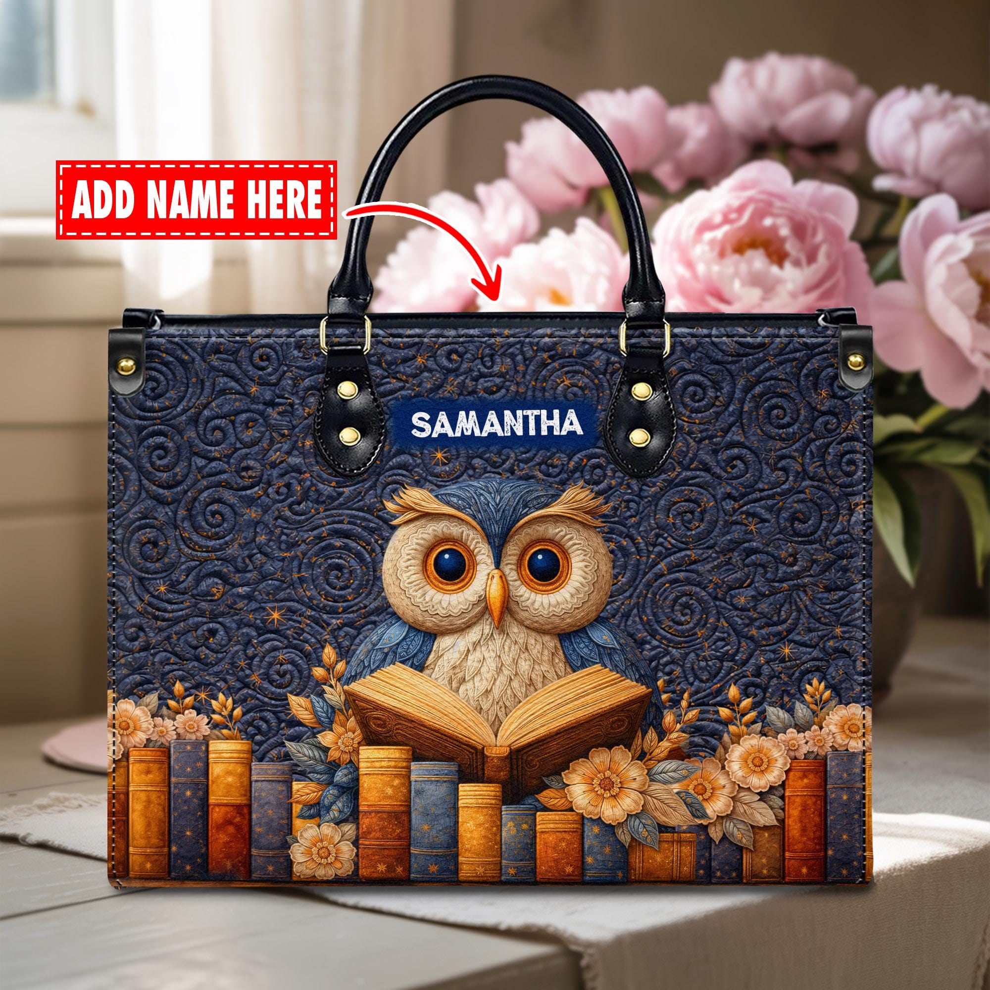 Personalized Owl Reading Books Leather Handbag with Custom Name , Artistic Owl and Book Stack  Bag ,