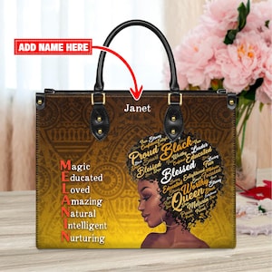 Empowering Melanin Queen Handbag with Afro Word Art | Personalized Custom Name Handbag for Women