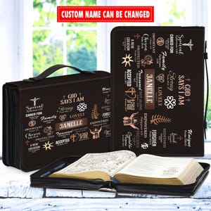 Custom Name Bible Cover, Christian Mother’s Day Gift, Leather Bible Case, God Says I Am, Inspirational Faith-Based Bag