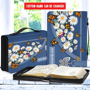 Personalized Bible Cover Custom Name, Christian Gift, Leather Bible Case, Butterfly and Daisy Floral Design, Scripture Bag for Women