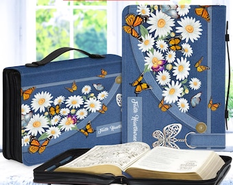 Personalized Bible Cover Custom Name, Christian Gift, Leather Bible Case, Butterfly and Daisy Floral Design, Scripture Bag for Women