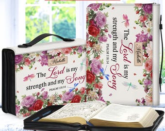 Personalized Bible Cover Custom Name, Christian Gift, Leather Bible Case, The Lord is My Strength and Song, Floral Bag