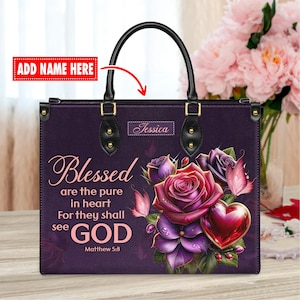 Personalisierte Lederhandtasche Benutzerdefinierter Name, Christliches Geschenk, Geschenke für Frauen, Gesegnet sind die Reinen in Herztasche, Rose & Herz Design