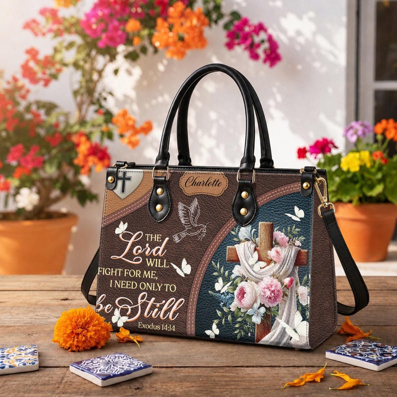 Personalized Christian tote bag with praying angel artwork, soft pink and white flowers, cross accents, and the inspirational Bible quote “The Lord will fight for you, you need only be still.” Designed with black handles and a structured shape, this religious handbag makes a thoughtful faith gift for women, mom, grandma, wife, or daughter for birthdays, Christmas, Mother’s Day, or church celebrations.