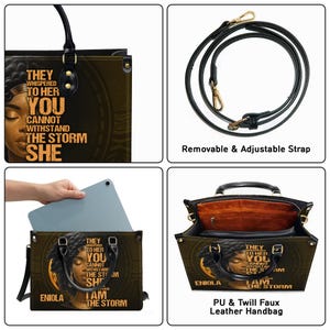 Collage showing features of personalized empowerment handbag: removable adjustable strap, PU & twill faux leather, roomy compartments, and ability to fit iPad. Custom bag with Black woman art and quote “I Am The Storm.” Stylish and practical tote for daily use. Perfect empowerment gift for women, Mother’s Day, birthdays, or Christmas.