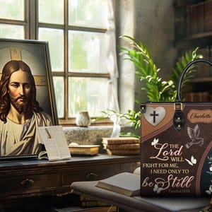 The personalized Christian handbag sits in a cozy library setting, ideal as a Bible study or church bag. This image highlights its role as a meaningful faith gift for women who love religious and inspirational accessories