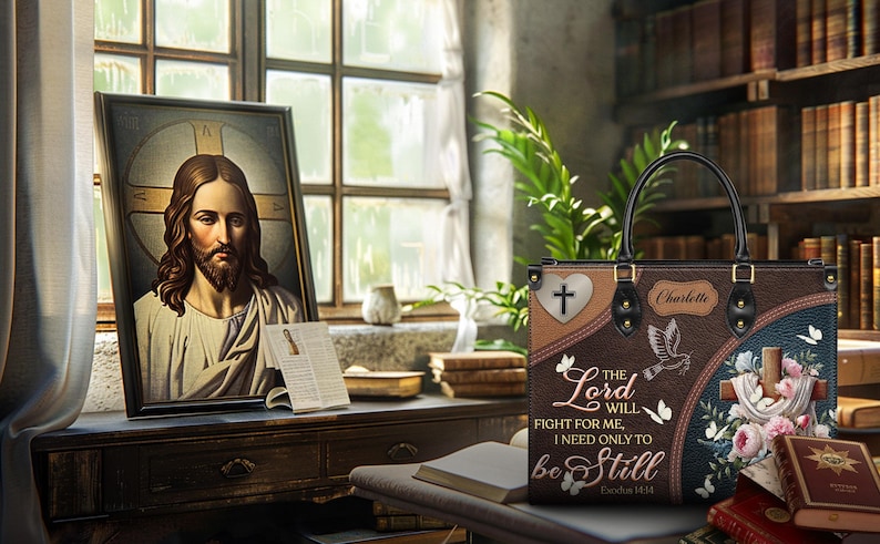 The personalized Christian handbag sits in a cozy library setting, ideal as a Bible study or church bag. This image highlights its role as a meaningful faith gift for women who love religious and inspirational accessories