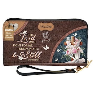Cartera cristiana personalizada / Cuero / Fe para mujer / Rosa y cruz / Nombre personalizado / Regalo bíblico / Quédate quieto / Éxodo 14:14