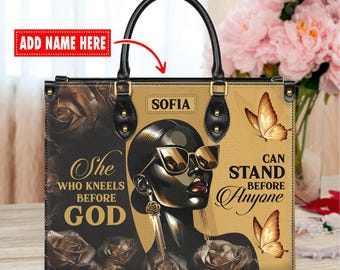 Personalized Leather Handbag Custom Name, Christian Gift, She Who