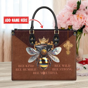 Fourre-tout personnalisé reine des abeilles, sac à main chrétien avec croix, sac à main solide en forme d'abeille, nom personnalisé cartable en similicuir, cadeau pour elle
