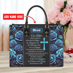 Personalized Leather Handbag Custom Name, Christian Gift, Gifts for Women, Our Father Prayer Bag, Rose & Cross Design