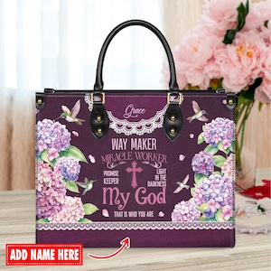 Personalized Leather Handbag Custom Name, Christian Gift, Gifts for Women, Way Maker Miracle Worker Floral Bag, Cross & Hummingbird Design