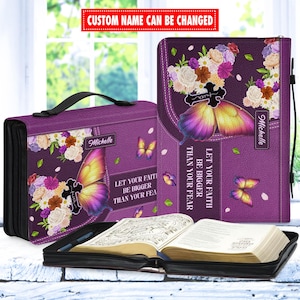 Personalized Bible Cover Custom Name, Christian Gift, Leather Bible Case, Let Your Faith Be Bigger Than Fear, Butterfly Bag