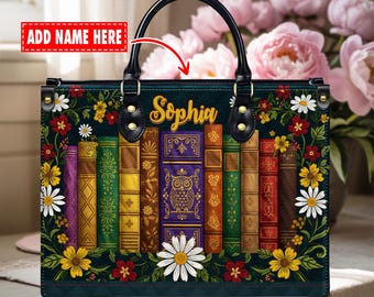 Bolso de piel vintage con nombre personalizado y estampado de libros – Bolso floral personalizado para amantes de los libros – Regalo para bibliotecarios – Regalo de Navidad para lectores