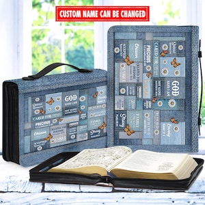 Personalized Bible Cover Custom Name, Christian Mother’s Day Gift, Leather Bible Case, God Says I Am, Denim Patchwork Scripture Bag