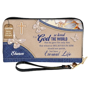 Cartera de cuero cristiana personalizada para mujer / Cartera pequeña para mujer / Cartera personalizada para mujer con diseño de mariposa azul y beige