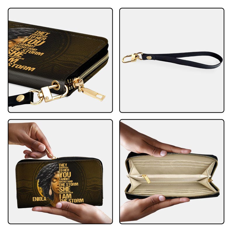 Puede incluir: Cartera negra con cremallera dorada y correa de mu&ntilde;eca. La cartera presenta un retrato de una mujer y el texto "THEY TRIED TO HER YOU CANNOT WITHSTAND THE STORM SHE I AM THE STORM".