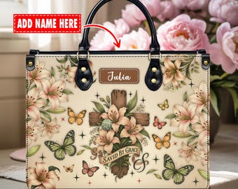 Bolso y cartera cristianos de piel sintética personalizados: cruz con versículo bíblico y nombre personalizado