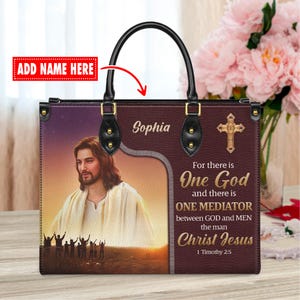 Personalized Leather Handbag Custom Name, Christian Gift, Gifts for Women, One God & One Mediator Christian Bag, Jesus Design