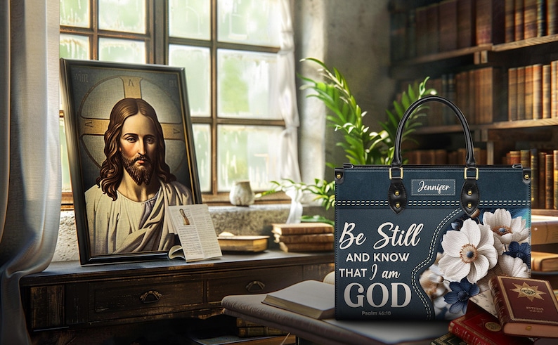Puede incluir: Una bolsa de mano azul con un dise&ntilde;o floral y el texto "Be Still and Know That I am GOD" con una referencia b&iacute;blica. La bolsa tiene un asa negra y una etiqueta de nombre personalizada.