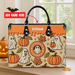 Personalized Halloween Leather Handbag Custom Name, Spooky Vibes Ghost Pumpkin Bag, Trick or Treat Bag,Unique Halloween Party Gift for Women