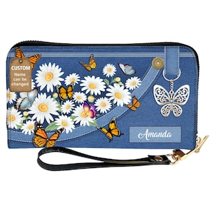 Carteira de couro cristã personalizada para mulheres, carteira com nome personalizado e design floral, carteira pequena para mulheres, carteira feminina personalizável