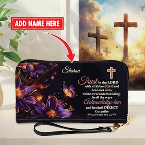 Cartera de cuero cristiana con nombre personalizado / Cartera pequeña para mujer / Cartera personalizada con diseño de flores moradas vibrantes