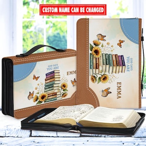 Personalized Bible Cover Custom Name, Christian Mother’s Day Gift, Leather Bible Case, God Says You Are, Sunflower Book Stack Scripture Bag