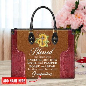 Personalized Leather Handbag Custom Name, Christian Gift, Gifts for Women, Blessed Grandmother Bag, Sunflower & Cross Design