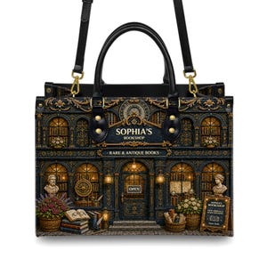 Personalized bookshop handbag with black top handles and adjustable shoulder strap, featuring a richly detailed antique bookstore design, golden accents, arched windows, books, flowers, and vintage library artwork. A beautiful literary purse for book lovers, librarians, teachers, writers, readers, book club friends, and custom birthday or holiday gifts.