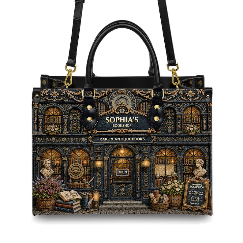 Personalized bookshop handbag with black top handles and adjustable shoulder strap, featuring a richly detailed antique bookstore design, golden accents, arched windows, books, flowers, and vintage library artwork. A beautiful literary purse for book lovers, librarians, teachers, writers, readers, book club friends, and custom birthday or holiday gifts.