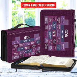 Personalized Bible Cover Custom Name, Christian Mother’s Day Gift, Leather Bible Case, God Says I Am, Inspirational Scripture Bag