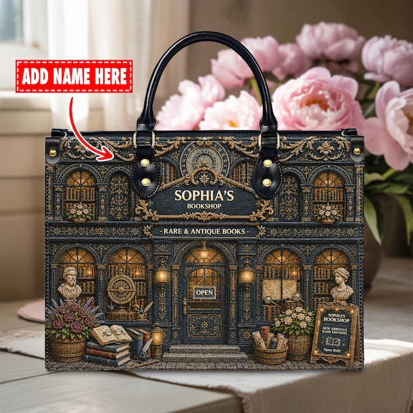 Borsa a mano in pelle vintage da libreria personalizzata con nome – Borsa da libreria personalizzata – Regalo per amanti dei libri, lettori, decorazioni per la biblioteca, regalo per appassionati di libri