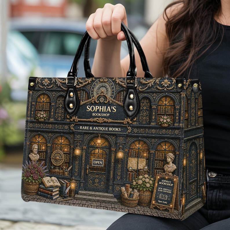 Woman holding a personalized bookshop handbag with black handles and a detailed vintage bookstore print, featuring arched windows, stacked books, flowers, gold ornamental details, and antique library charm. Great everyday literary handbag for book lovers, teachers, librarians, writers, readers, book club members, and thoughtful custom gifts.